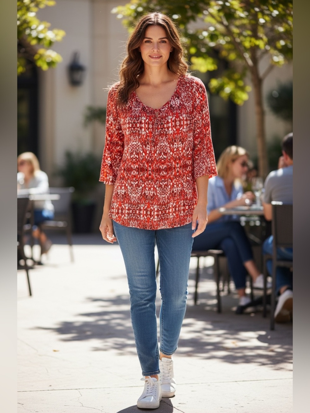 Dalia Red Patterned V-Neck Blouse